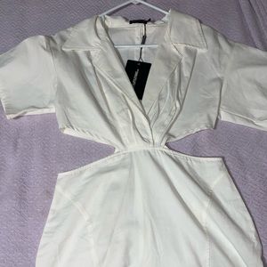 White Short Sleeve Cut out Waist Collared Bodycon Dress